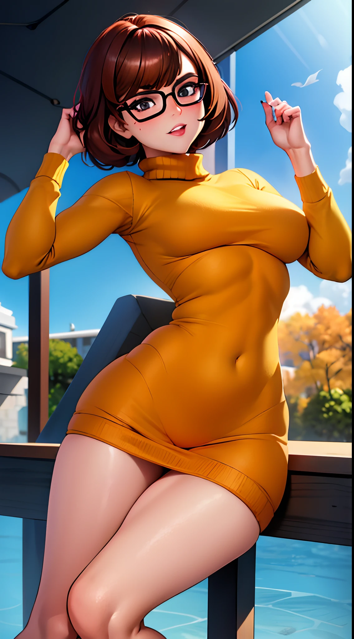 Bela, obra prima, extremamente detalhado, melhor qualidade, best ilumination, melhor sombra, rosto perfeito, olhos castanhos brilhantes, Cabelo castanho curto, blusa laranja, saia vermelha, umbigo, hands back, peitos grandes, eyeglass, Fofa, sardas, brown hair, crop turtleneck sweater, detetive, mangas longas,  Velma de Scooby-Doo, sorrir, bunda empinada, ass towards the viewer, saia