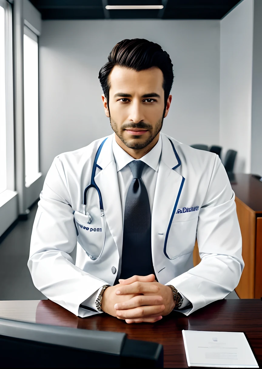 arafed man in white suit and tie sitting at a table, photo of a man, sitting at desk, wearing a doctor suit, corporate photo, handsome man, professional portrait hd, wearing doctors white suit, sitting at a desk, a photo of a man, handsome and attractive, professional profile photo, attractive man, sitting behind desk