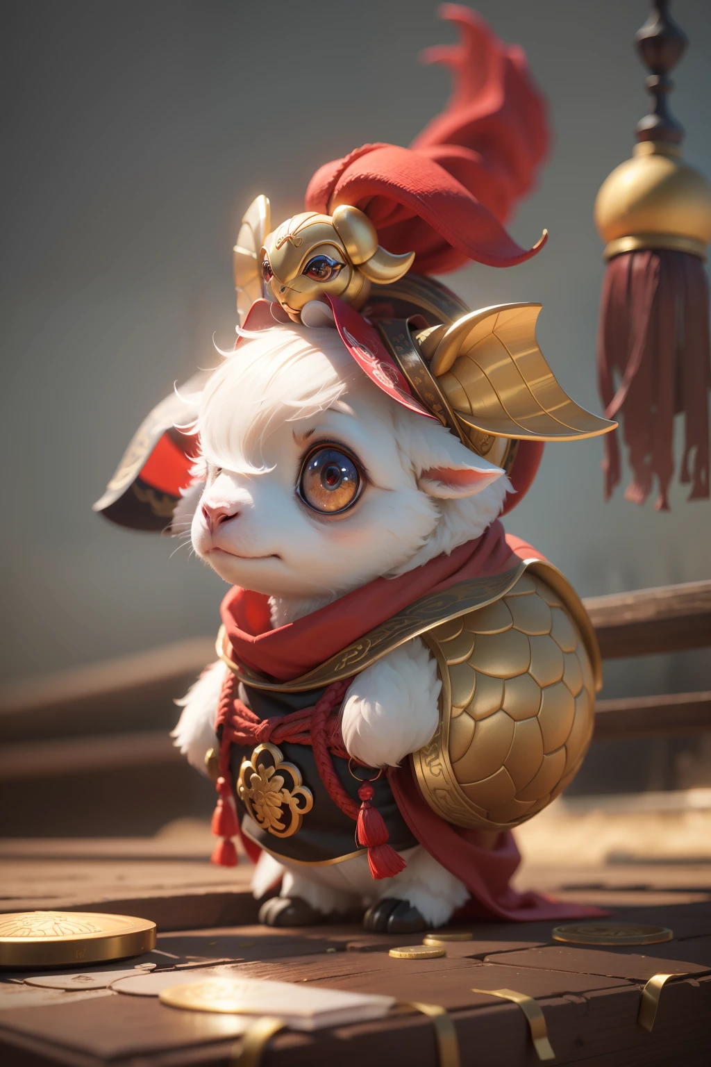 anthropomorphic turtle,Little cute little lamb,Wearing elegant red Hanfu,Take gold ingots,The ground is covered with gold coins,silkouette,fluffy mane,largeeyes,Red Wall,Chinese culture,zbrush,Dramatic lighting,full-body portraits,hentail realism,finedetail,photographrealistic,Film illumination,complexdetails,rendering by octane,unreal-engine,8K --ar 9:16 --testp --upbeta
