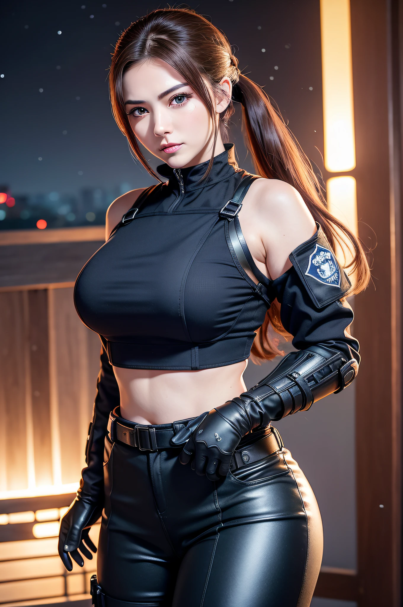 brunette color hair,(pony tails),largeeyes,full bodyesbian,Japan beauties,Korean Idol,45 yers old,(small tits),flatchest,top-quality,Masterpiece,8K,Cowboy shot,1 woman, Elegant beauty, Radiant skin, Detailed facial expressions, (Style dynamic:0.8),Heavy weapons girl ,swat,Female nun,Emergency Service Units,（（（Wear tactical SWAT clothing,））），Summon spell arrays, midriff,Hyper-realistic details, Glowing magical energy, Japan,toyko,Night scene,Tokyo Tower,Metropolitan Police Department,Anti-monster squad,stand posture,determined expression, Armor details, Detailed background,Powerful aura,