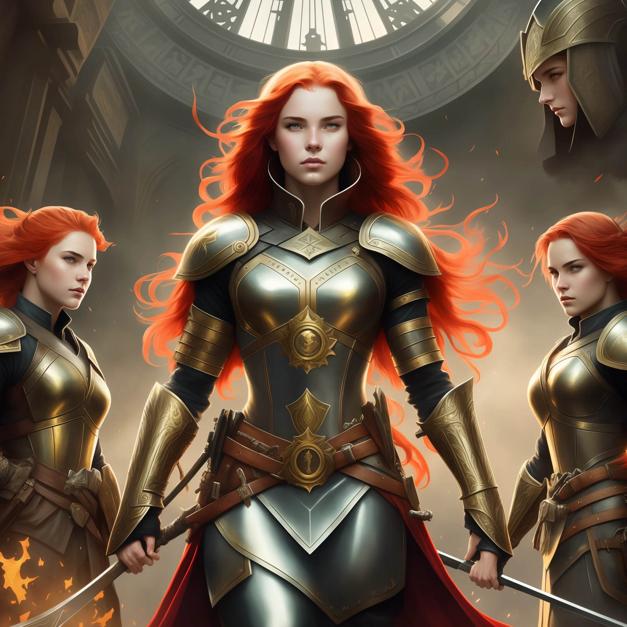 ((ARMY OF RED-HAIRED MEN)), all of them with red hair and yellow eyes, medieval man's army, men in Templar armor, ancient christian army and with shields of religion, beautiful red-haired warriors, fighters, marching to war, army in the background, 4k, unreal engine, intricate, highly detailed, beautiful lighting, light fog, 8k, trend in Artstation,  professional, dramatic, illustration, art by Artgerm and Greg Rutkowski and Alphonse Mucha, award-winning portrait, f/22, symmetrical, dynamic poses.