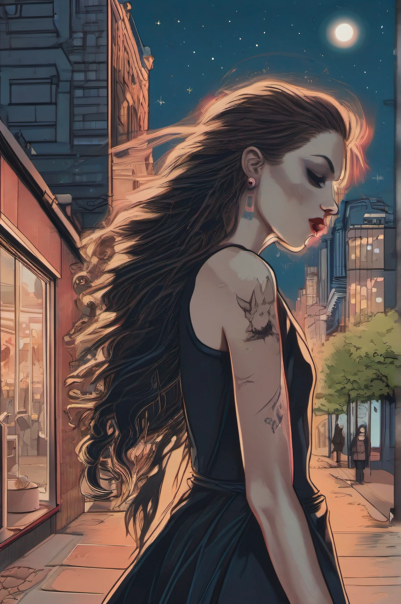 A girl is undergoing metamorphosis into a humanoid werewolf in the middle of the city. She's standing on the sidewalk, with your back to the camera. She's wearing a long black dress and her hair is loose. Your skin is starting to change color, and her teeth are starting to grow. Her eyes are closed and she's making an expression of pain. The blue moon is full in the sky, and the stars are shining. The street is empty,