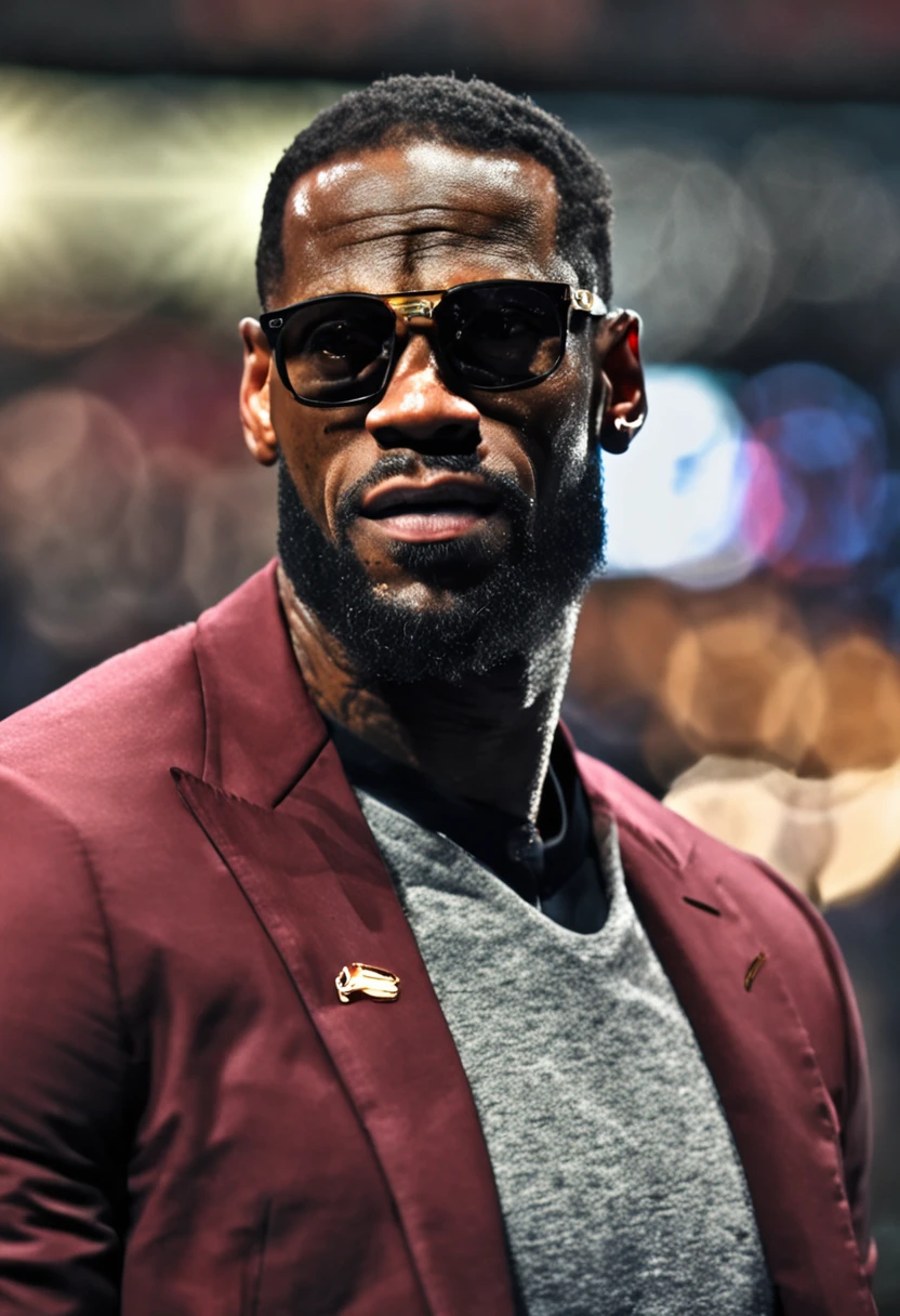 Lebron James, de terno e gravata indo fazer uma entrevista de emprego e usando oculos escuro ::n_ terno preto, sem texto e sem oculos escuro