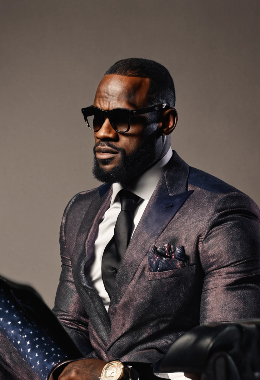 Lebron James, de terno e gravata indo fazer uma entrevista de emprego e usando oculos escuro ::n_ terno preto, sem texto e sem oculos escuro