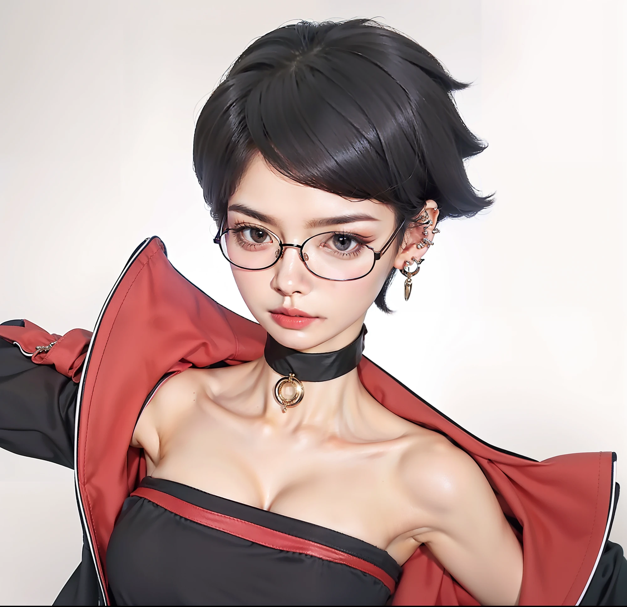 earrings, 1girl, jewelry, solo, glasses, short hair, collarbone, black hair, choker, ear piercing, piercing, bayonetta, breasts, bare shoulders, looking at viewer, off shoulder, cleavage, upper body