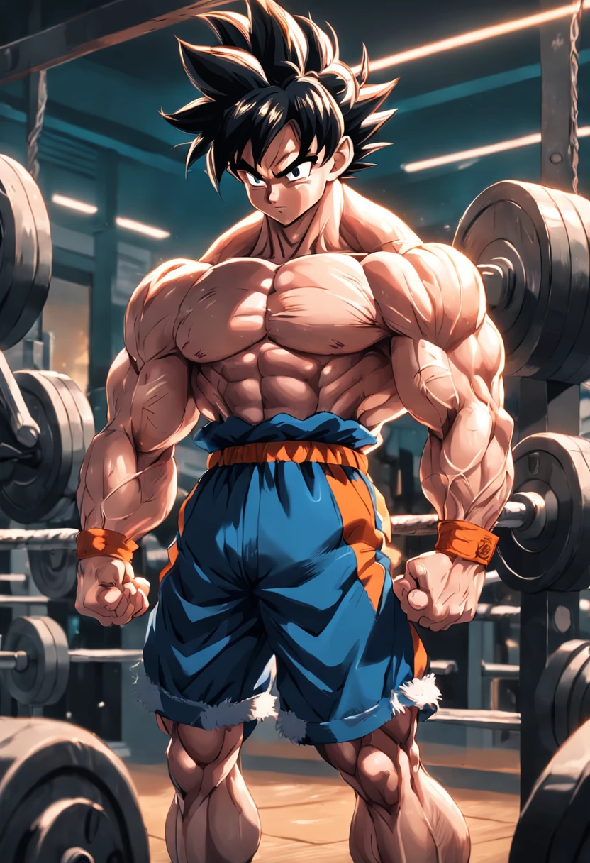 A detailed drawing of Son Goku training biceps intensely in a bodybuilding gym.