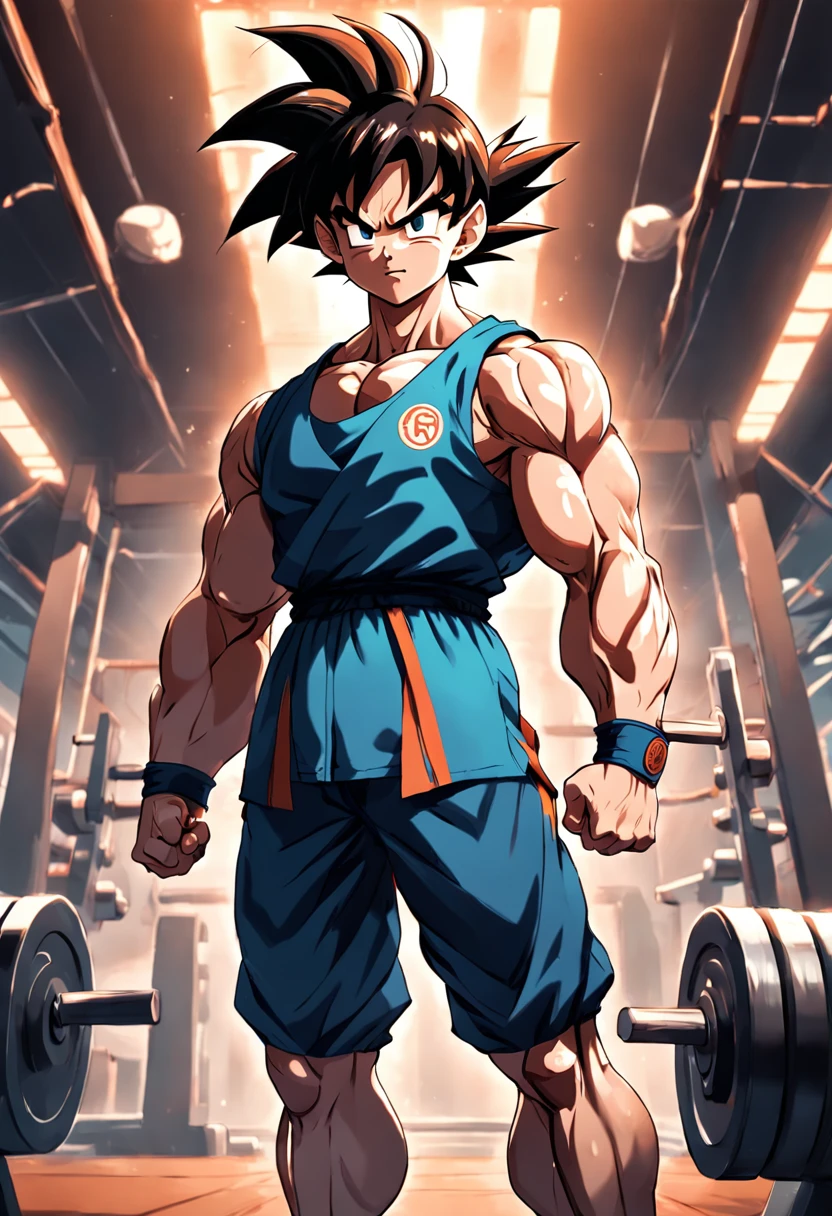 A detailed drawing of Son Goku training biceps intensely in a bodybuilding gym.