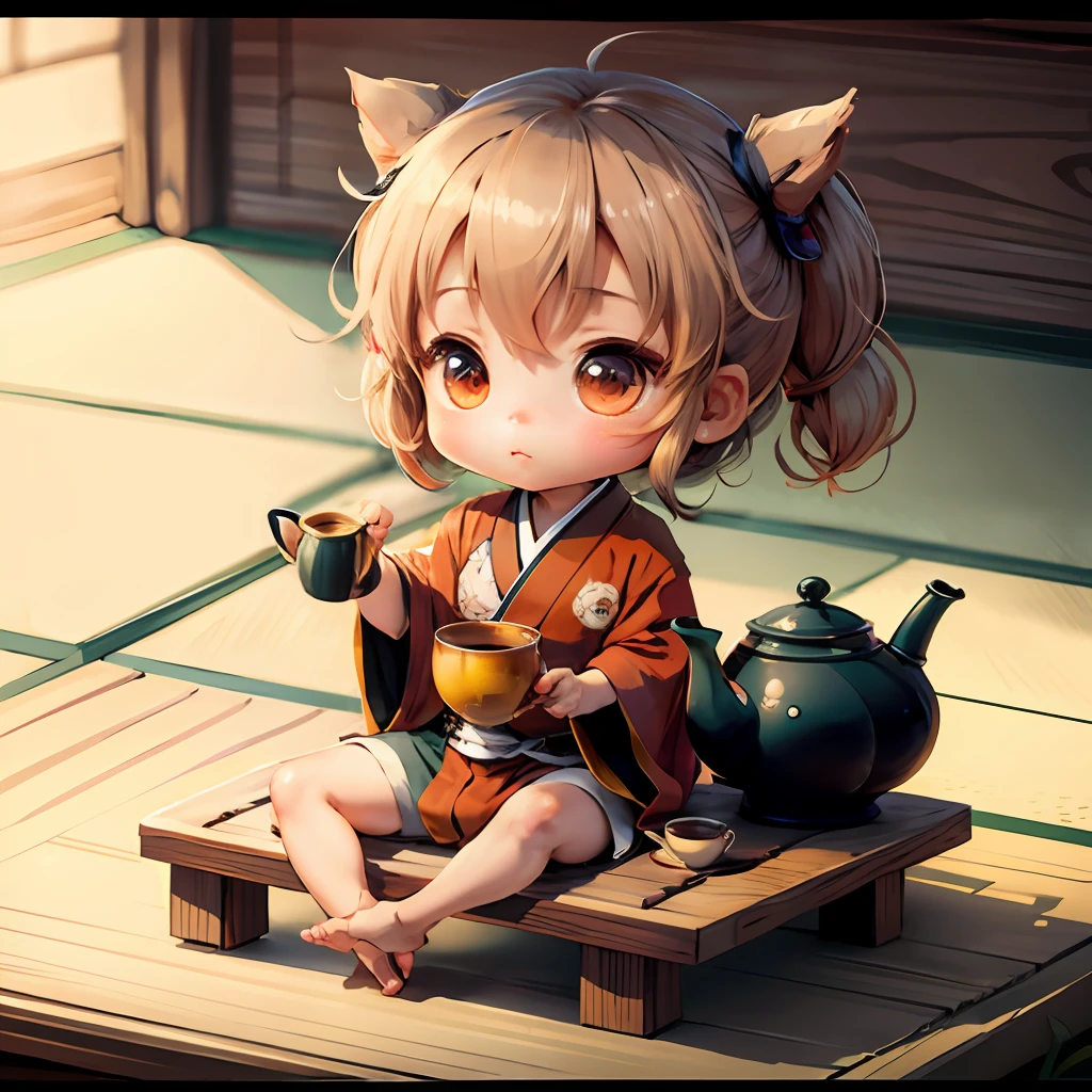 Cute chibi anime sitting in a teapot, wear brown kimono, drink tea, logo