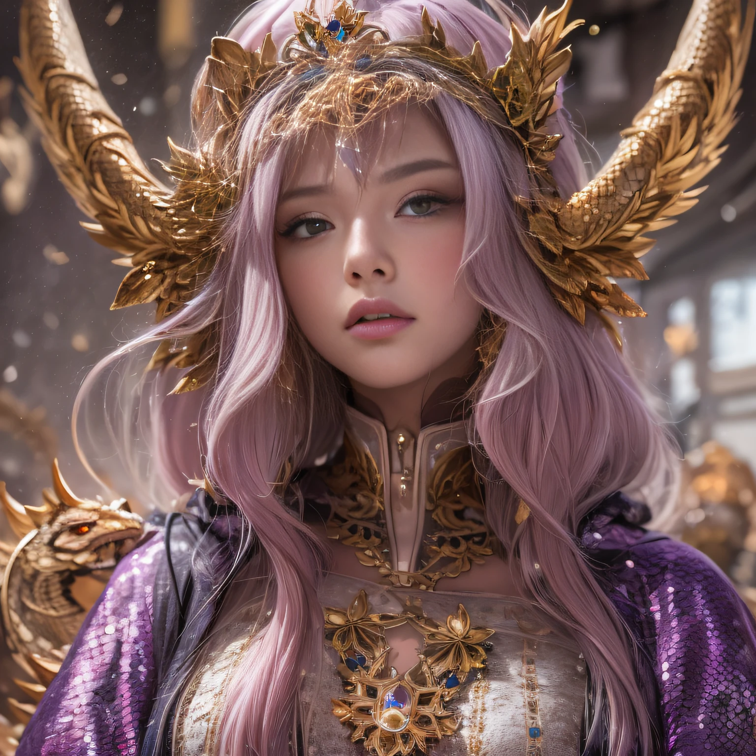 16k（tmasterpiece，k hd，hyper HD，16k）Short purple-pink hair，Gold jewelry area in the back room，Smoke ring girl ，Bronze Dragon Protector （realisticlying：1.4），Python pattern robe，Purple-pink tiara，Snowflakes fluttering，The background is pure，Hold your head high，Be proud，The nostrils look at people， A high resolution， the detail， RAW photogr， Sharp Re， Nikon D850 Film Stock Photo by Jefferies Lee 4 Kodak Portra 400 Camera F1.6 shots, Rich colors, ultra-realistic vivid textures, Dramatic lighting, Unreal Engine Art Station Trend, cinestir 800，Hold your head high，Be proud，The nostrils look at people