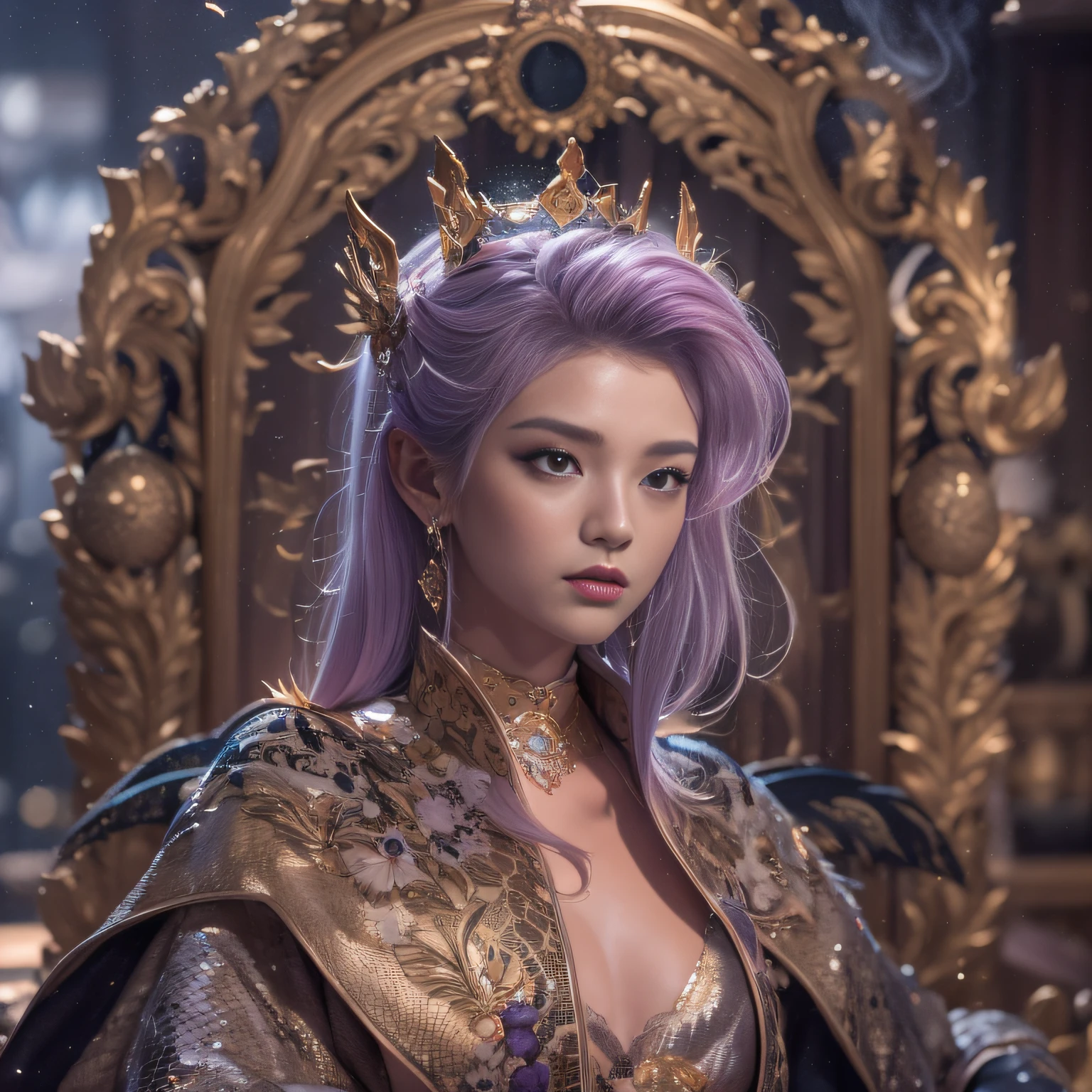 16k（tmasterpiece，k hd，hyper HD，16k）Short purple-pink hair，Gold jewelry area in the back room，Smoke ring girl ，Bronze Dragon Protector （realisticlying：1.4），Python pattern robe，Purple-pink tiara，Snowflakes fluttering，The background is pure，Hold your head high，Be proud，The nostrils look at people， A high resolution， the detail， RAW photogr， Sharp Re， Nikon D850 Film Stock Photo by Jefferies Lee 4 Kodak Portra 400 Camera F1.6 shots, Rich colors, ultra-realistic vivid textures, Dramatic lighting, Unreal Engine Art Station Trend, cinestir 800，Hold your head high，Be proud，The nostrils look at people