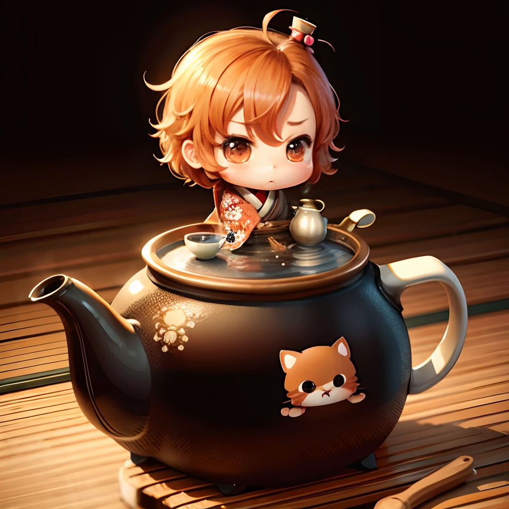 Cute chibi anime sitting in a teapot, wear brown kimono, drink tea, logo