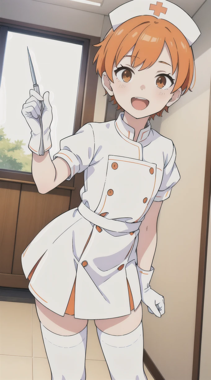 1 boy, Nurse, Nurse Cap, Whiteware, White stockings, White Gloves, Short short hair, Orange hair, Smile, Open mouth, Standing, hospitals, sharp outline, zettai ryouiki, Short sleeves, Shota, ar old,st Quality, masutepiece