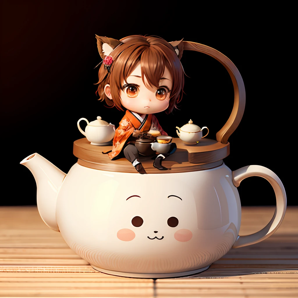 Cute chibi anime sitting in a teapot, wear brown kimono, drink tea, logo