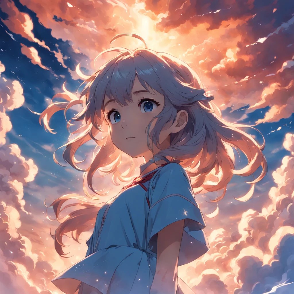 masterpiece, best quality, movie still, 1girl, cloud girl, floating in the sky, close-up, bright, happy, warm soft lighting, sunset, (sparks:0.7)