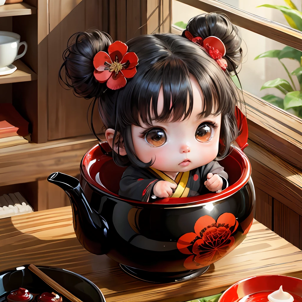 Cute baby chibi anime, black and red kimono, sit in the tea cup, thank you note
