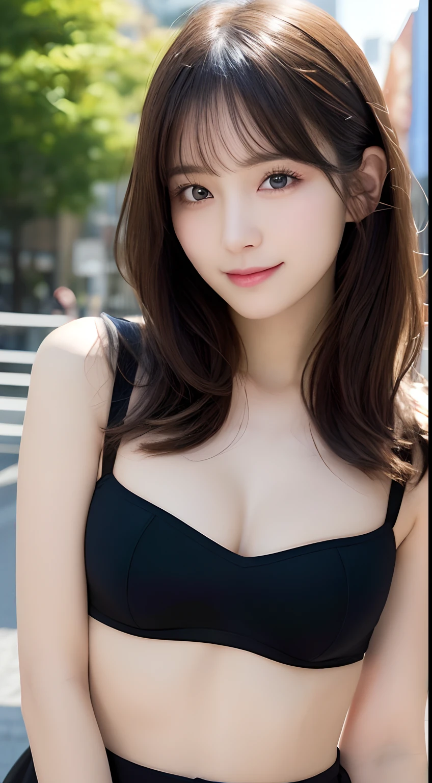 masutepiece, Best Quality, Illustration, Ultra-detailed, finely detail, hight resolution, 8K Wallpaper, Perfect dynamic composition, Beautiful detailed eyes, doress, short Hair, mid-chest, Natural Color Lip, Random and sexy poses,Smile, Blurred park at night background、20 years girl、Colossal 、Too much exposure、tank top（black）、Exposing the chest、Slid、I keep my hair tied up