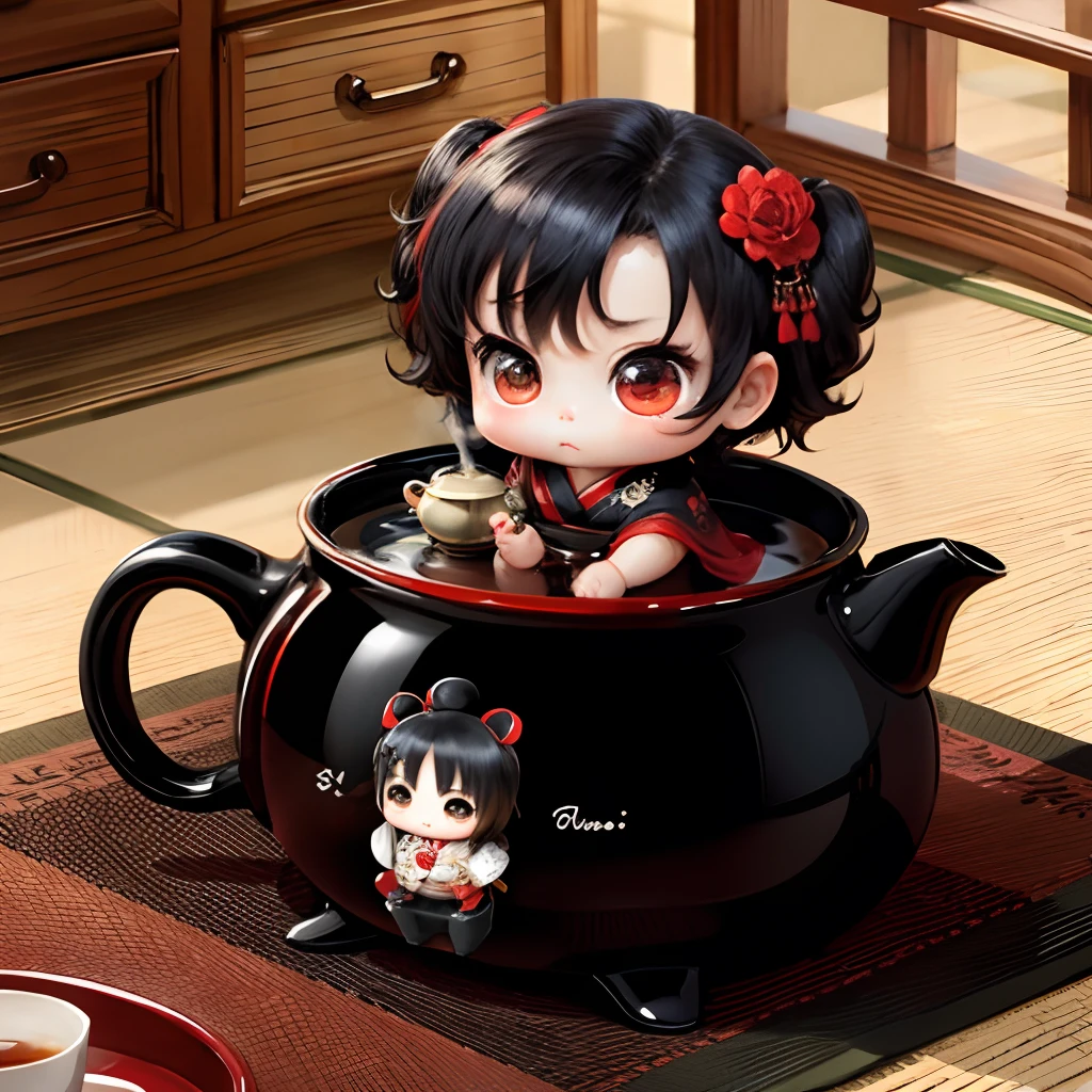 Cute chibi anime, black and red kimono, sit in the teapot thank you note