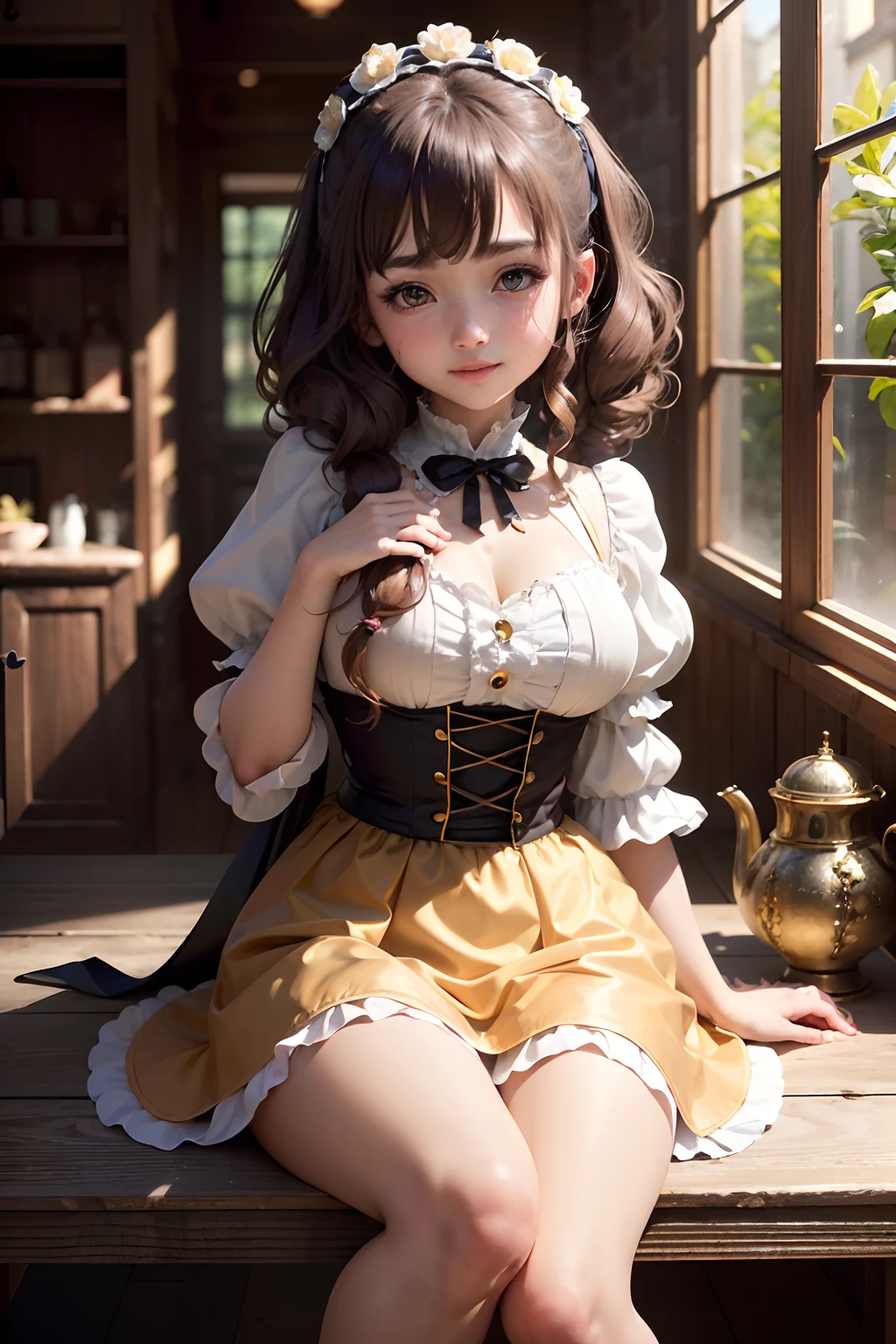 Raw photography, top-quality, masterpiece, extremely delicate and beautiful, ighly detailed, nffsw, Unity, 8K Picture Wallpaper, amazingly detail, detaile, masterpiece, top-quality, Official art, Highly detailed ticker Unity 8k wallpaper, ultra-detailliert, hight resolution, ighly detailed, Clair, Focus, (top-quality), (realisitic, Photorealsitic:1.5), 8K, Soft lighting, hightquality, lighting like a movie, 1little girl, Sakura Kinomoto(Cardcaptor Sakura)、Hair color is brown-golden、Hair color is brown-golden、Hairstyle is very short、Hairstyle is intake、Short length of hair up to at the neck、Splashing hairs on the top of the head、eyes are very, very large,Light brown eyes、Light brown eyes、Light brown eyeballs、Left and right symmetrical eyes、Saint a girl、Innocent、The most beautiful girl in the world、Eternal Girl、Angelic cuteness、 Fluffy smile, (perspiring:1), Perfect fingers、Pink Gothic Lolita Fashion、Gothic lolita、moderate breast、M-shaped legs、full of sweat、perspiring、tea shop、poseing、natta