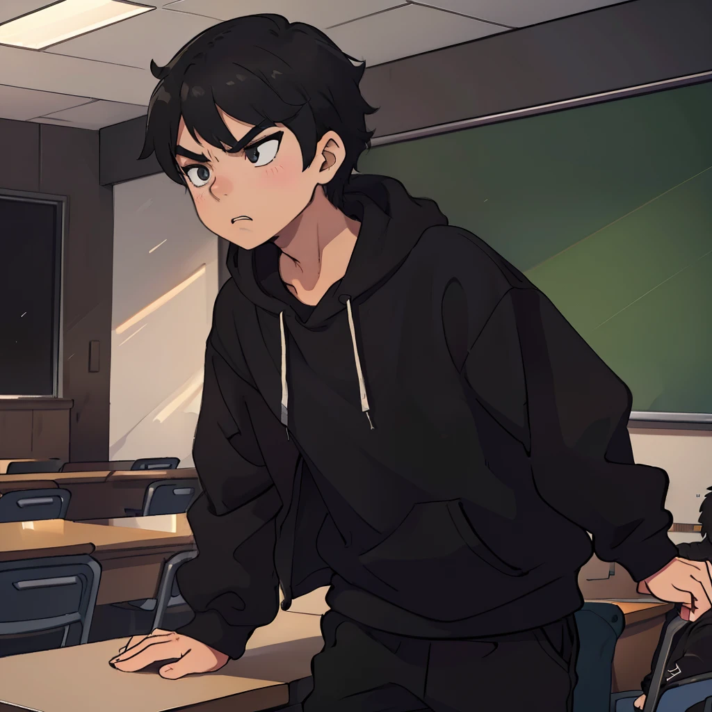 best qualityer，One was wearing a black sweatshirt，Boy with short black hair，Angry expressions，Sharp eyes，in class room，standing on your feet