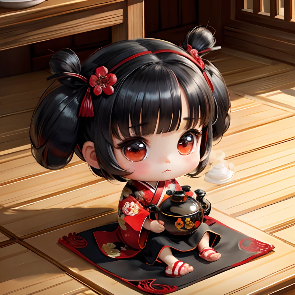 Cute chibi anime, black and red kimono, sit in the teapot thank you note