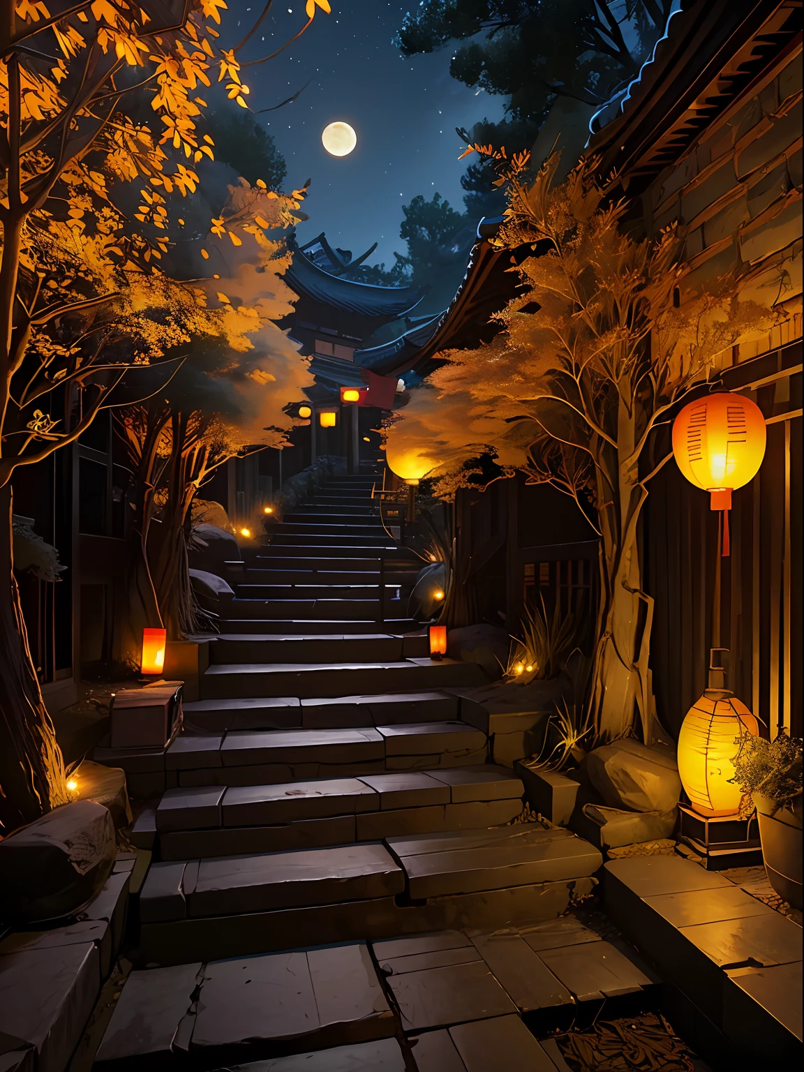 Official Art, Ancient China, Ancient Streets, (Lots of Fireflies), (Night), (Moon), Lights, Beautiful Landscapes, Epic Landscapes, Realistic Lighting, Masterpieces, High Quality, Beautiful Graphics, High Detail, Global Illumination, Unreal Engine Rendering, Octane Rendering, (HDR:1.3)