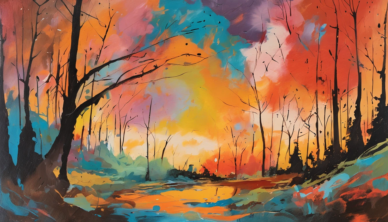 Details of the intricate painting of the Japan forest, by range murata, Galaxy in the background, Clouds, vivd colour, High contrast, mont, vector line art, orange highlights, trending in pixiv, anime concept art, stick, Matthias, hightquality, edge-to-edge, sanskrit