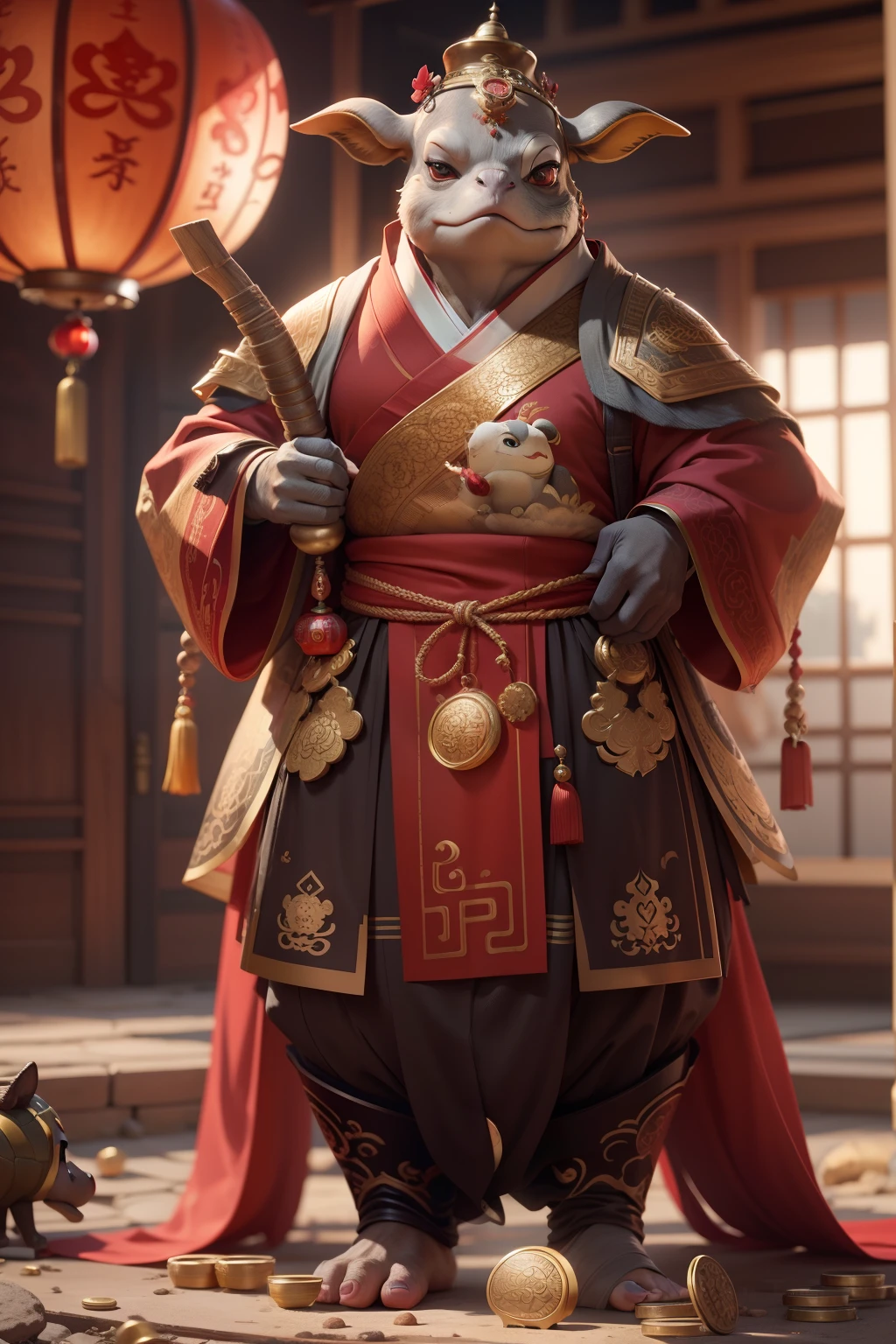 anthropomorphic turtle,Little cute little calf,Wearing elegant red Hanfu,Take gold ingots,The ground is covered with gold coins,silkouette,fluffy mane,largeeyes,Red Wall,Chinese culture,zbrush,Dramatic lighting,full-body portraits,hentail realism,finedetail,photographrealistic,Film illumination,complexdetails,rendering by octane,unreal-engine,8K --ar 9:16 --testp --upbeta