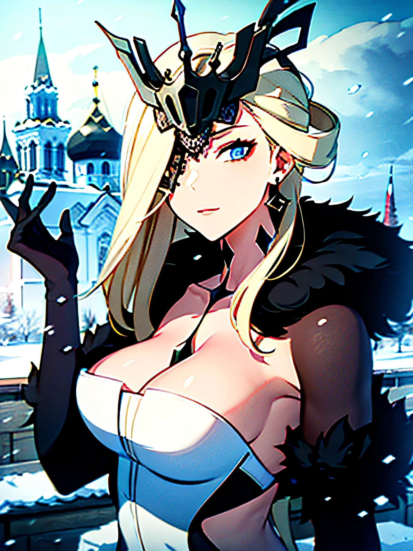 1 girl, Mature woman, Average Breasts, black mask on the face, Eyes Covered, blue eyes, blond hair, Long hair, earings, black gloves on the elbows, Dress, fur-trim, Black fur, winter, russian architecture, cathedral, black clouds, snowing, Ice Crystal, Back to the viewer, Look at the viewer, Hand to the viewer
