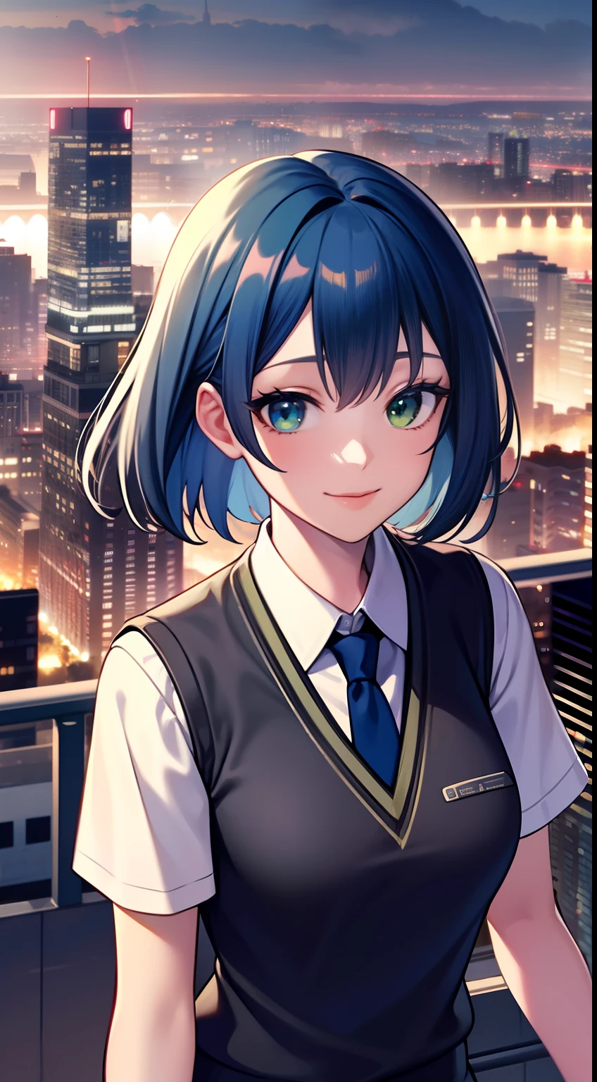 masutepiece, High quality, 8K, Beautiful lighting, 1girl in, Solo, Green eyes, Medium_hair, White shirt, Sweater Vest, Black vest, blue necktie, grey skirt, Outdoors, Upper body, Looking at Viewer, Anime, Blue hair, city, Dynamic Angle、A smile