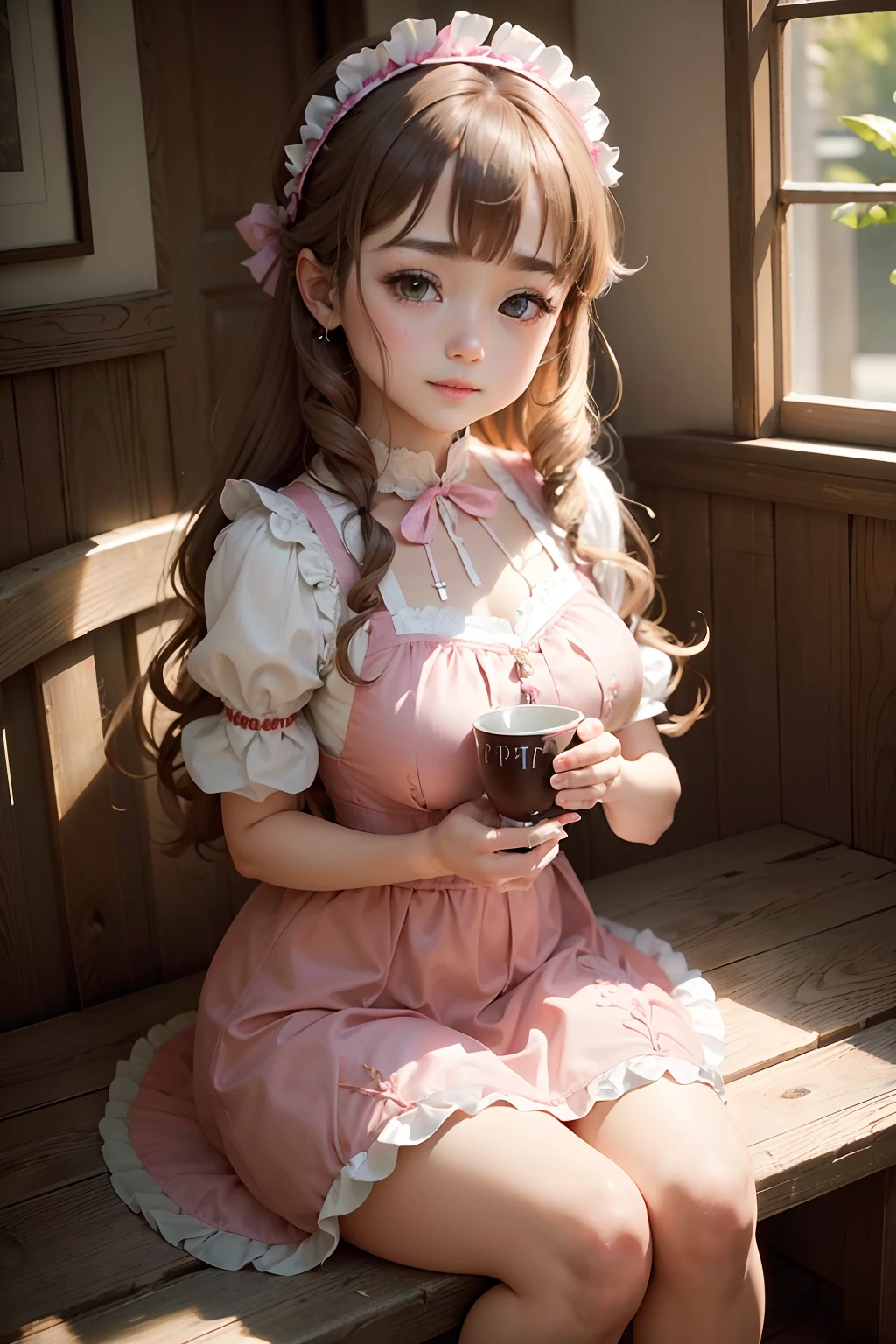 Raw photography, top-quality, masterpiece, extremely delicate and beautiful, ighly detailed, nffsw, Unity, 8K Picture Wallpaper, amazingly detail, detaile, masterpiece, top-quality, Official art, Highly detailed ticker Unity 8k wallpaper, ultra-detailliert, hight resolution, ighly detailed, Clair, Focus, (top-quality), (realisitic, Photorealsitic:1.5), 8K, Soft lighting, hightquality, lighting like a movie, 1little girl, Sakura Kinomoto(Cardcaptor Sakura)、Hair color is brown-golden、Hair color is brown-golden、Hairstyle is very short、Hairstyle is intake、Short length of hair up to at the neck、Splashing hairs on the top of the head、eyes are very, very large,Light brown eyes、Light brown eyes、Light brown eyeballs、Left and right symmetrical eyes、Saint a girl、Innocent、The most beautiful girl in the world、Eternal Girl、Angelic cuteness、 Fluffy smile, (perspiring:1), Perfect fingers、Pink Gothic ta Fashion、Gothic lolioderate breast、M-shaped legs、full of sweat、perspiring、tea shop、poseing、natta