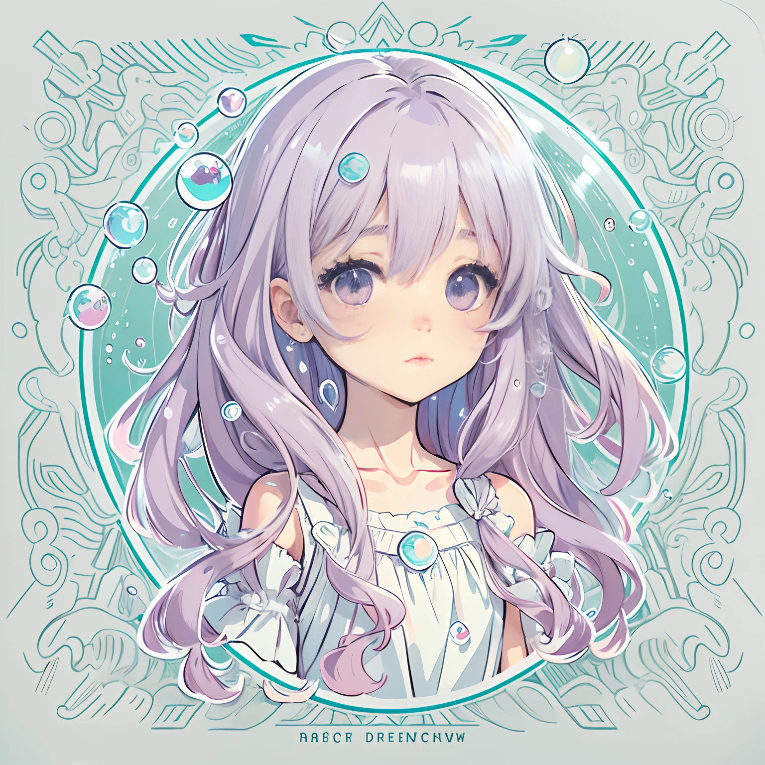 Sticker, Cute anime girl head, Long pink hairstyle,Light purple eyes，Cute white dress，The feeling of water droplets around，in circle, White background, Light blue background，Simple, Ultra detailed, Detailed drawing, vectorised, Silhouette, 8K, professional sticker design, Flat design, Vector lines, Sticker, Drawing, Drawing, Full-HD