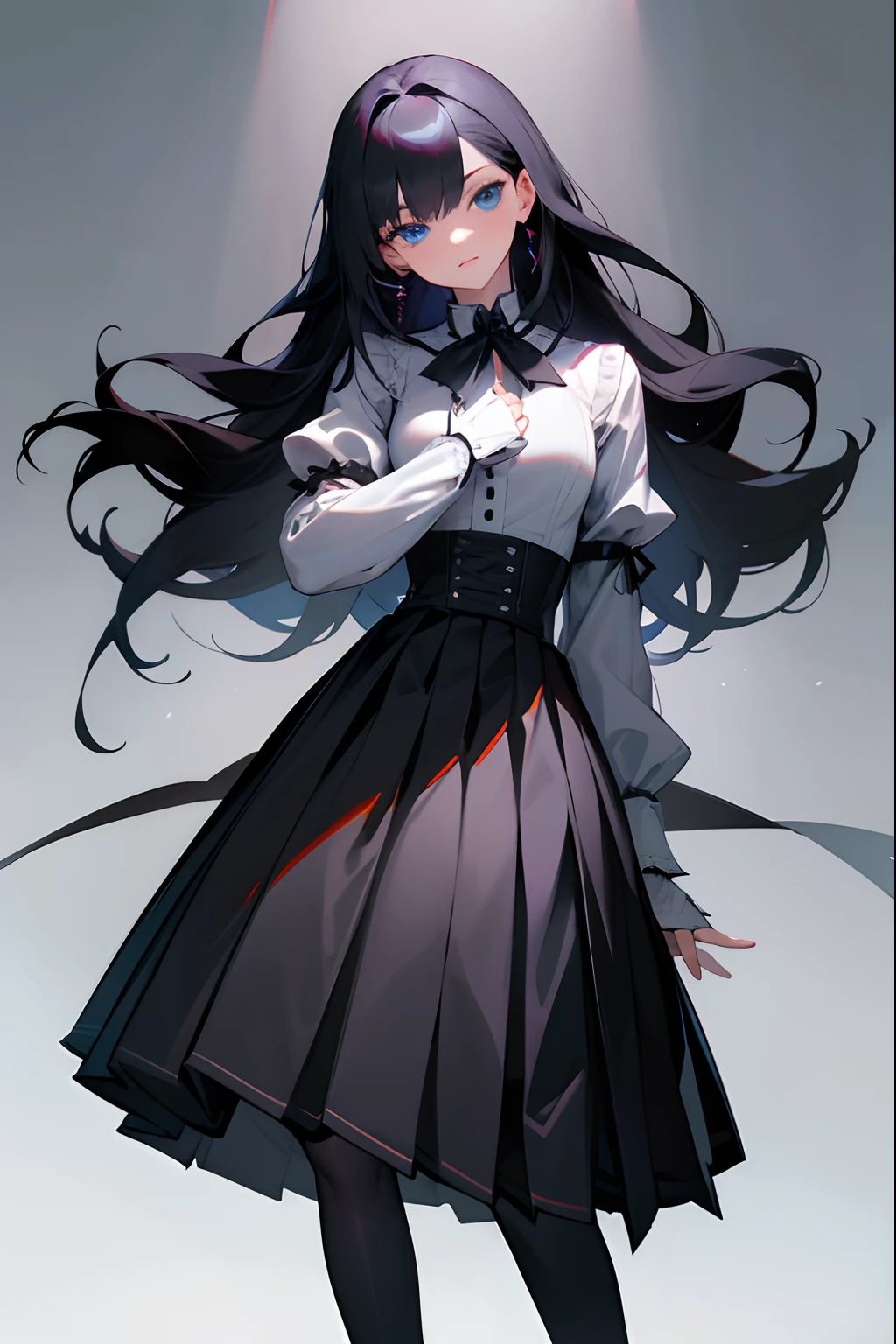 ((masterpiece)),(best quality),(detailed),(1girl),long hair, glowing eyes, white shirt, black skirt, black stockings, large breast, sexy, blue eyes, black hair