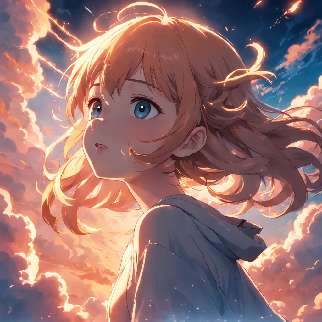 masterpiece, best quality, movie still, 1girl, cloud girl, floating in the sky, close-up, bright, happy, warm soft lighting, sunset, (sparks:0.7)