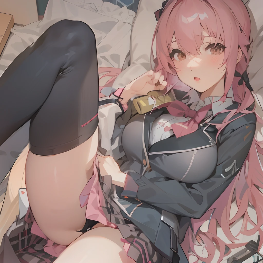 Anime girl with pink hair and black stockings lying on bed, Seductive Anime Girl, Fine details. girls' frontline, a hyperrealistic schoolgirl, a hyperrealistic schoolgirl, from girls frontline, soft anime illustration, Realistic Schoolgirl, Smooth Anime CG Art, clean detailed anime art, girls frontline cg, the anime girl is crouching, girls frontline style, Detailed Digital Anime Art　Fume、Lack of strength in the eyes、Do not draw contours、Pale watercolor、