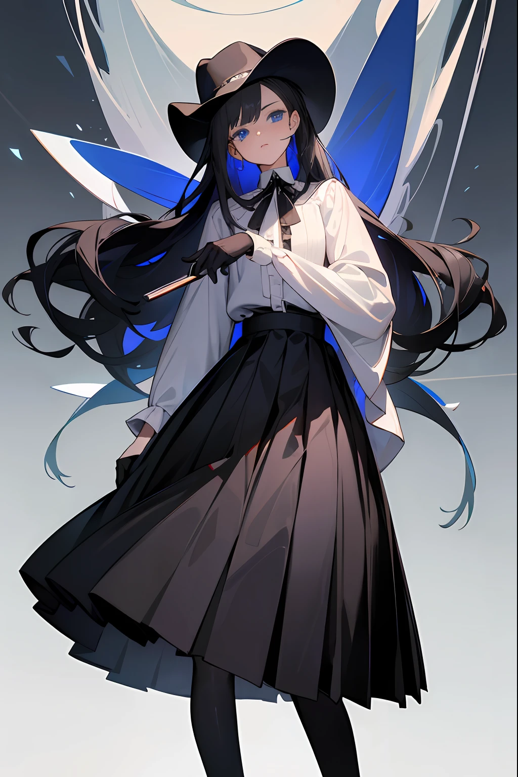tmasterpiece, Best quality at best, A high resolution,eBlue eyes,Clothing cutting, Tall girl,longer sleeves,long skirt, The shirt, black glove, Black pleated skirt, cowboy photo, Elegant girl, Tall girl,White collar,longer sleeves,long skirt, The shirt, black glove, Black pleated skirt, cowboy photo,Sit Pose, outside