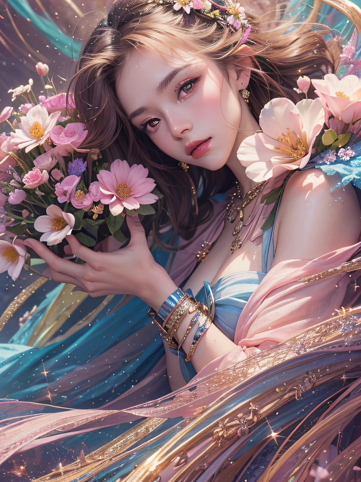 1girl, solo, flower field, blossom, (official art, unity 8k wallpaper, ultra detailed, beautiful and aesthetic, masterpiece ,best quality:1.3), (dynamic angle:1.2), (floating colorful sparkles:1) , elegant, vivid colours, ultra-detailed face, detailed eyes, shiny skin, lustrous lips ,