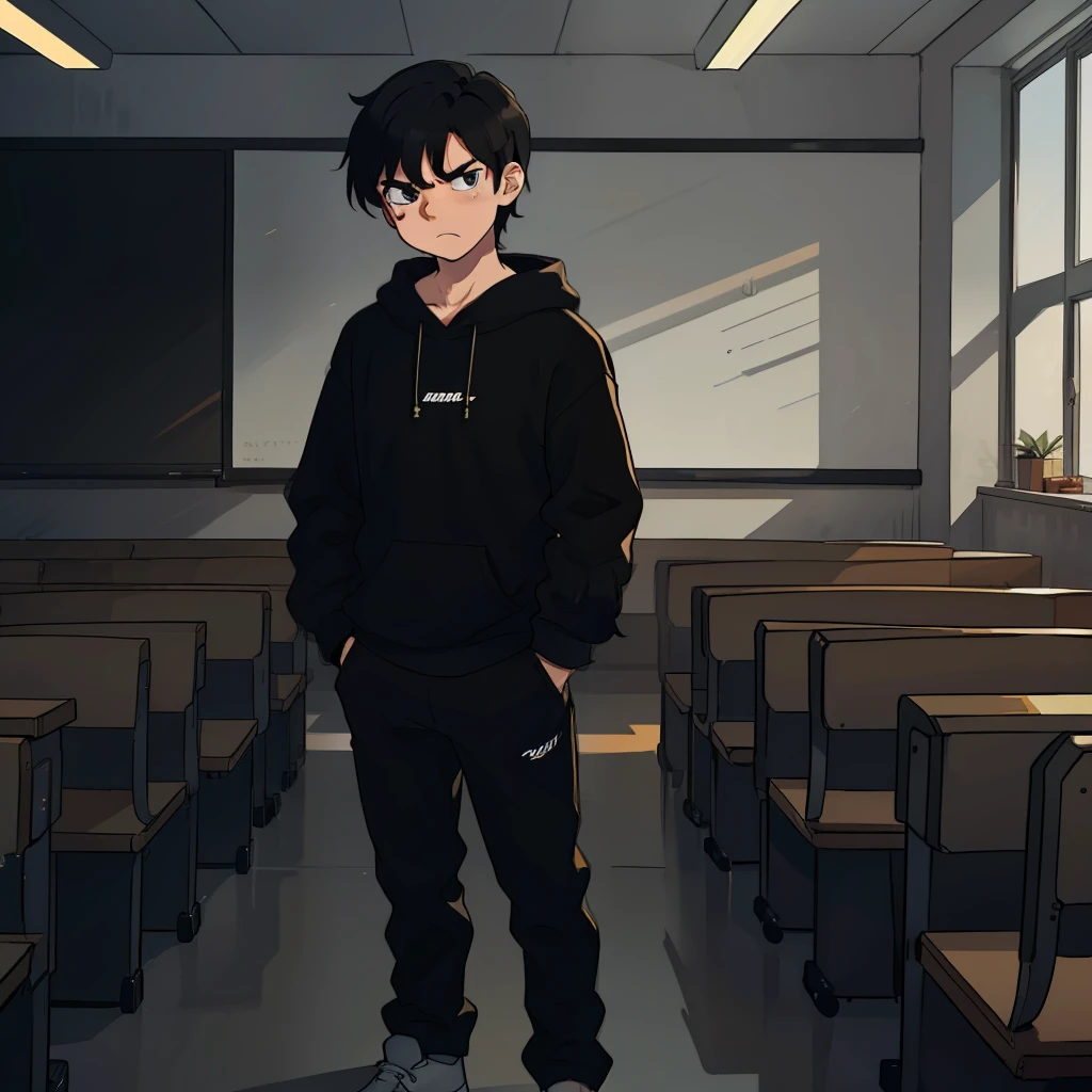 best qualityer,One was wearing a black sweatshirt,Boy with short black hair,Angry expressions,Sharp eyes,in class room,standing on your feet