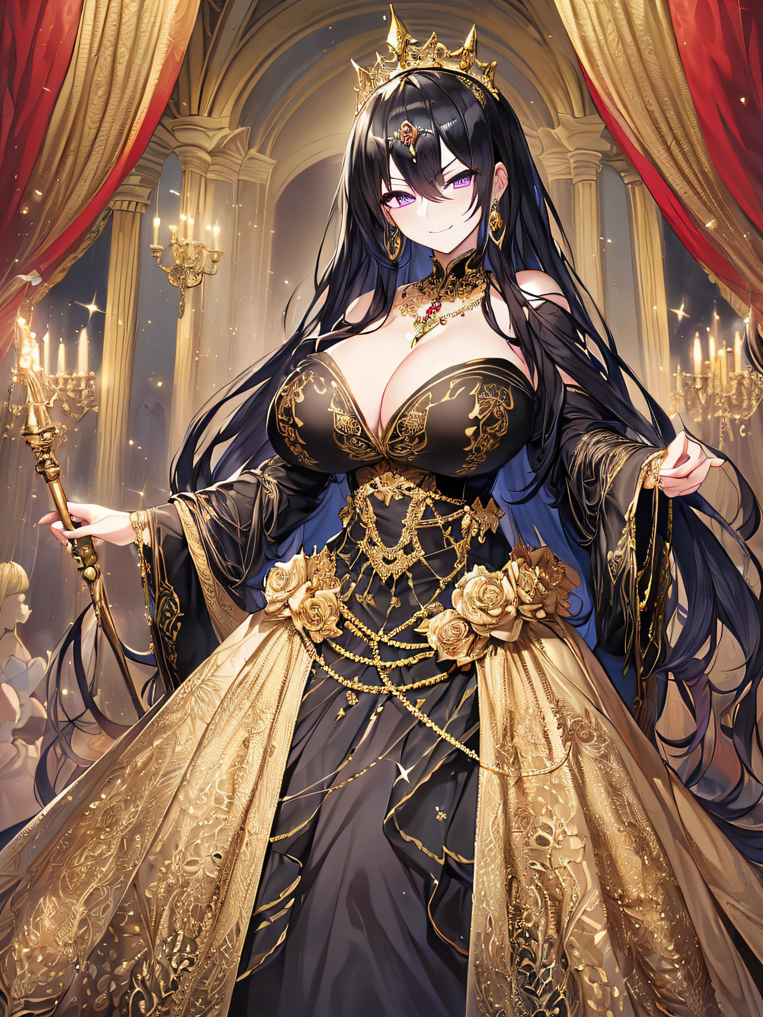 ((anime artstyle)),(Masterpiece),(Best Quality), (Super Detail),(Very Delicate and Beautiful),Solo,((full body portrait)),((BlingBling)),((1 arrogant princess in beautiful embroidery black and gold gorgeous rococo ballgown with  voluminous full length hoop skirt)),gold trim,((crinoline)),gorgeousfull embroidery,Long train((arrogant,haughty)),(((arrogant smile))),Sharp eyes,(holding a luxurious scepter),((gorgeous gemstone jewelry)),detailed face and eyes,jewel-like eyes,Purple eyes,(Bangs between eyes),((large amount of straight hair,extremely Long voluminous black Hair)),((gigantic tits,Long tits)),gorgeousfull embroidery,cleavage,extremely gorgeousfull hair ornament,(bling-bling extremely gorgeousfull jeweled tiara),gorgeous corsage,(Dynamic Angle),Looking at viewer,(full body)),((beautiful embroidery and glitter jeweled black and gold gorgeous rococo ballgown with voluminous full length hoop skirt))