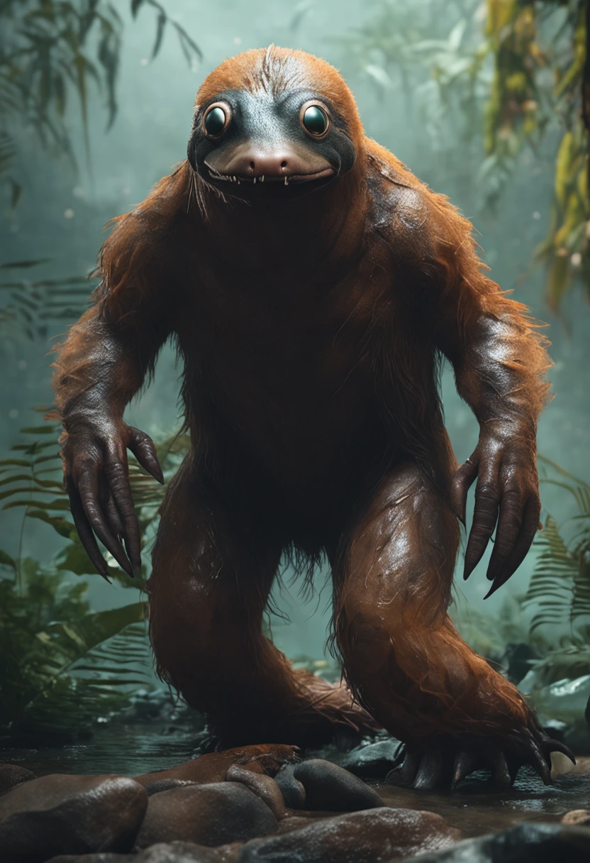 (Full body image of a single platypus-like monster);
(Monster with the characteristics: platypus-like, (Duck beak: 1.6), (beaver tail: 1.6), (otter paws: 1.6), (otter body: 1.6), (big claws: 1.6)) ;
(monstrous appearance, terrifying gaze);
Cinematic image, 8k, high resolution;