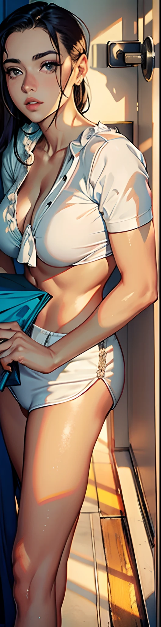 Mulher bonita, atraente, jovem, seios grandes, foto de perfil, cabelo loiro, top branco decotado, sexy, rosto real