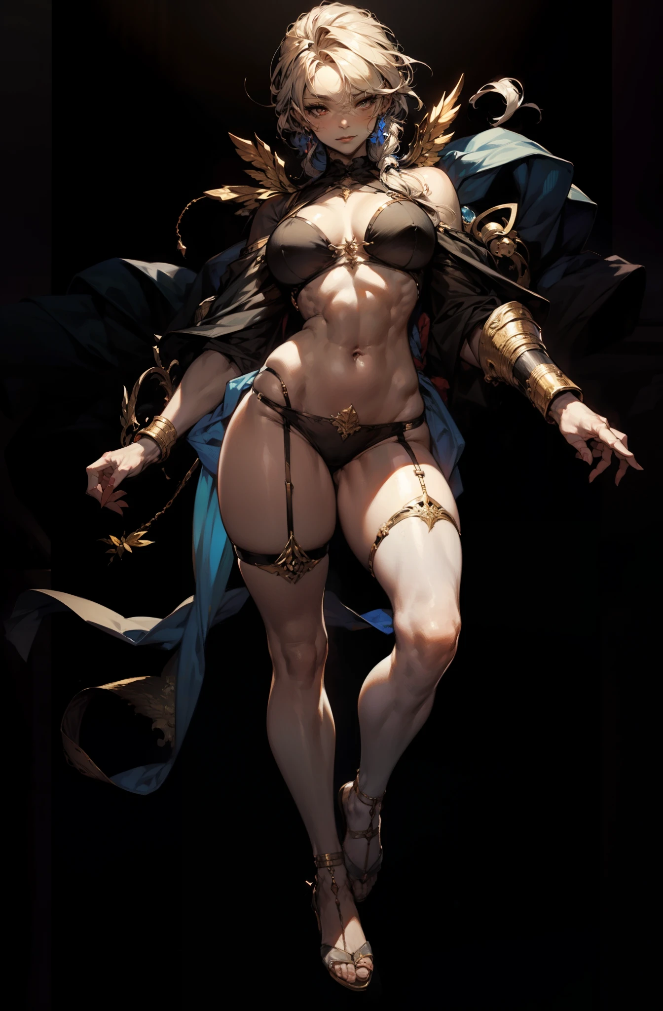 Anubis，（（best qualtiy）），（（tmasterpiece）），（A detailed：1.4），Frozen nano set，Square chin，Guvez style art，Guviz，（（（full bodyesbian:1.3）））Beautiful character painting，Guwitz at the art station Pixif。，Guweiz on Pixiv art station，beautiful digital art，wlop rossdraws，Masterpiece Guwitz，（absurderes），（（The head decoration falls on two straps on the shoulders，And hang part around the neck，Tie with braids，  Known as the nemesis））， Thin woman， Ready for war， Perfect body， Dark  skin， Tutankhamun mask， （（（Cannabis crown on the head， The style of triple art））））， （（Khat）））， （（（Khat）））， （（（（defined muscles，Semi-thick bare thighs， Keep your mouth shut， Only panties are worn， muscular body covered in technological clothing， Neon Genesis Evangelion style， cyber punk perssonage， （the sphinx））， （Cleopatra）， head covered by an Egyptian ornament in the shape of golden eagle wing，  （（perfect medium breasts）），（White eyes without pupils），（（black in color，silver and red clothing）），（（（short black straight hair，There are thick bangs on the forehead）））），（Egyptian adornments），（（hieroglyphics on the arms）），Short underwear，a garter belt，By Mucha，niji --V5，near the real，psychopath，insane face，A sexy pose，background with a sphinx，2 piece clothes，downy，at centre，The proportions fit the size，  hdr（HighDynamicRange），Ray traching，NVIDIA RTX，Hyper-Resolution，Unreal 5，Subsurface dispersion，PBR textures，Post-processing，Anisotropic filtering，depth of fields，Maximum clarity and sharpness，Many-Layer Textures，Albedo e mapas Speculares，Surface coloring，Accurate simulation of light-material interactions，perfectly proportions，rendering by octane，twotonelighting，Wide aperture，Low ISO，White balance，the rule of thirds，8K raw data