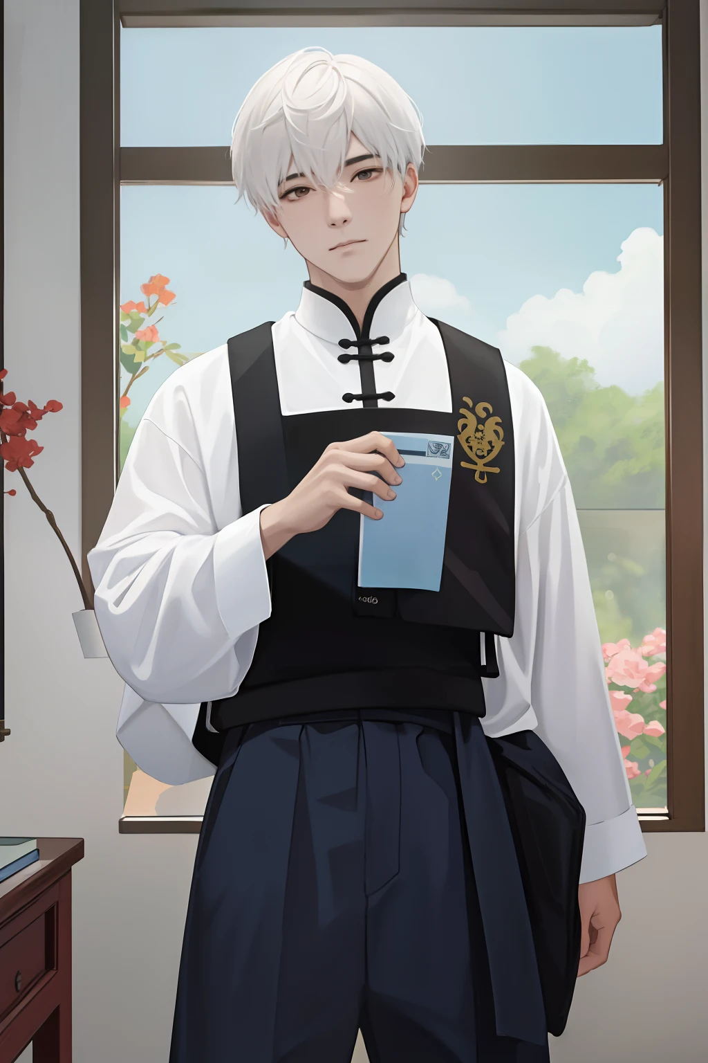NSFW, obra-prima, melhor qualidade, ultra-detalhado, semi-realista, detailedfacialfeatures,1boy,Chinese university student clothing,cabelos curtos e alinhados,olhos negros,arrogante,rapaz bonito,uniforme completo,audaz,Standing stately in the classroom