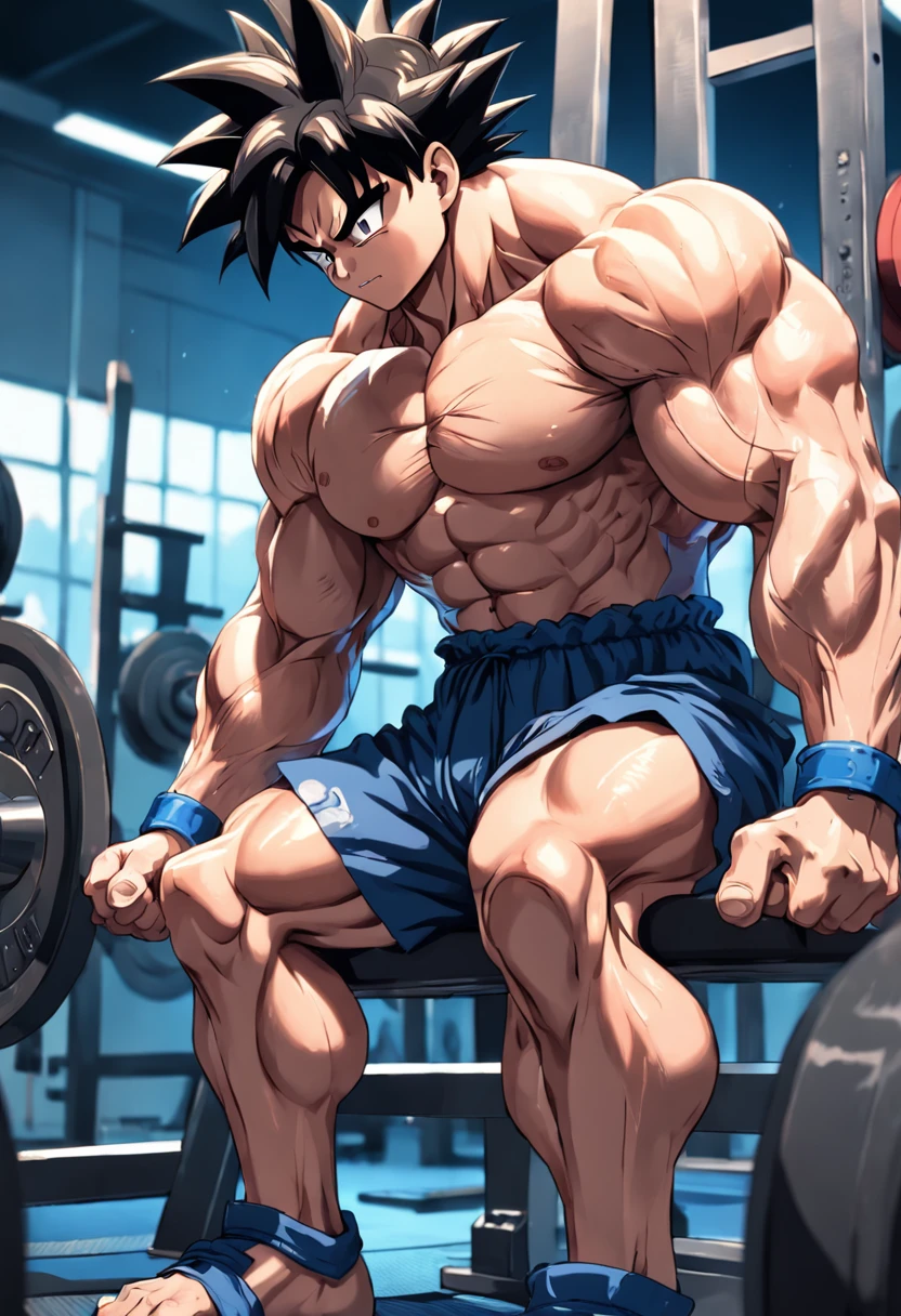 (A detailed drawing of Son Goku bench press intensely in the bodybuilding gym.)
