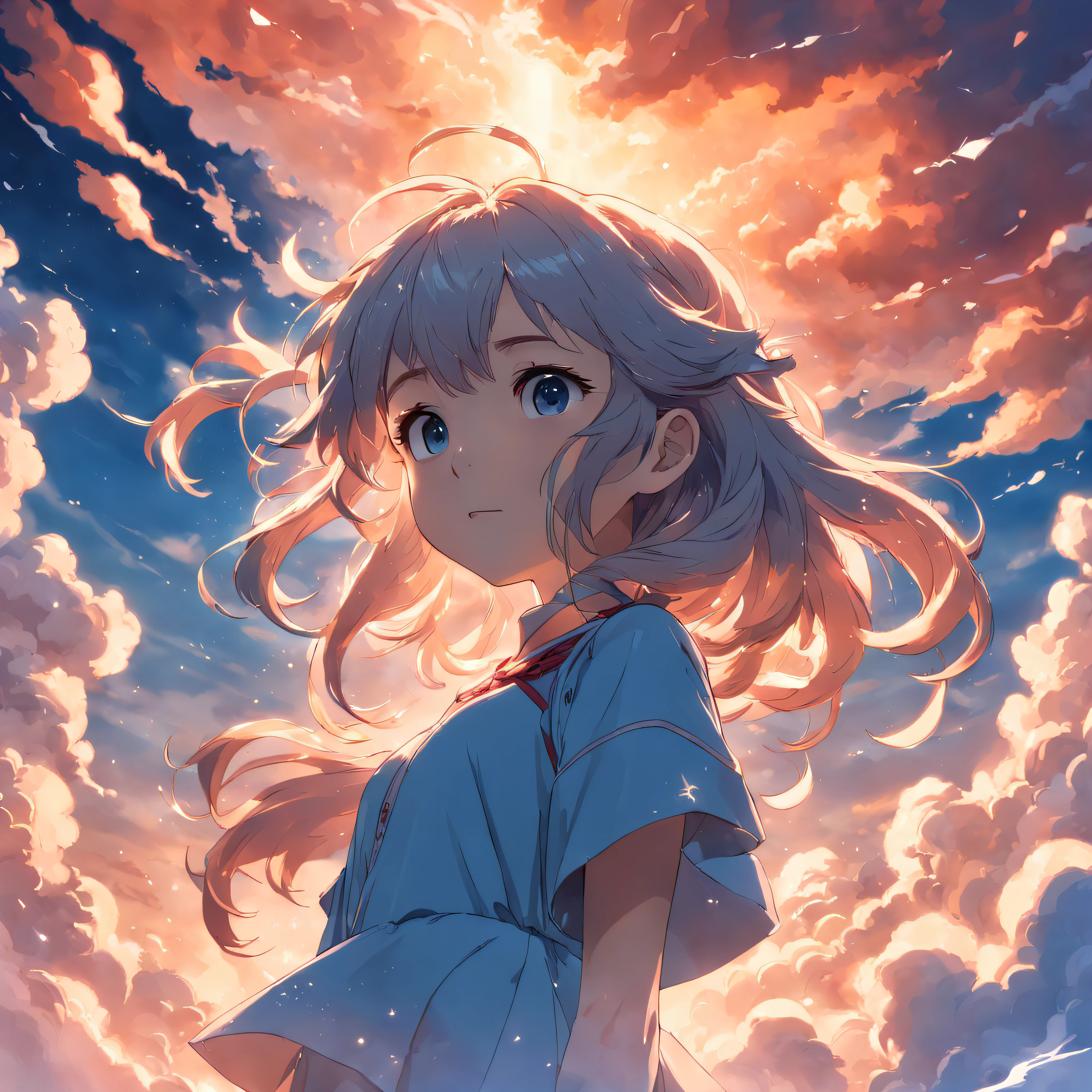 masterpiece, best quality, movie still, 1girl, cloud girl, floating in the sky, close-up, bright, happy, warm soft lighting, sunset, (sparks:0.7)