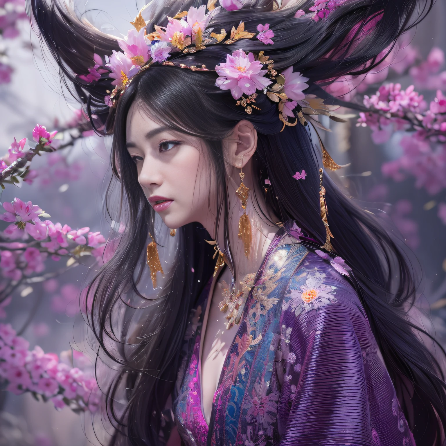 32K（tmasterpiece，k hd，hyper HD，32K）Long flowing black hair，Danxia landforms，ponds，The king ，Xuzhou girl （realisticlying：1.4），Python pattern robe，Purple-pink tiara，Plum blossoms fluttering，Wolf smoke background，Hold your head high，Be proud，The nostrils look at people， A high resolution， the detail， RAW photogr， Sharp Re， Nikon D850 Film Stock Photo by Jefferies Lee 4 Kodak Portra 400 Camera F1.6 shots, Rich colors, ultra-realistic vivid textures, Dramatic lighting, Unreal Engine Art Station Trend, cinestir 800，Hold your head high，Be proud，The nostrils look at people，Long flowing black hair