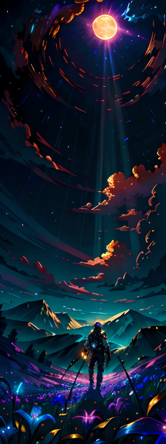 expansive landscape photograph , (a view from below that shows sky above and open field below), a Young man standing on flower field looking up, (full moon:1.2), ( shooting stars:0.9), (nebula:1.3), distant mountain, tree BREAK
production art, (warm light source:1.2), (Firefly:1.2), lamp, lot of purple and orange, intricate details, volumetric lighting BREAK
(masterpiece:1.2), (best quality), 4k, ultra-detailed, (dynamic composition:1.4), highly detailed, colorful details,( iridescent colors:1.2), (glowing lighting, atmospheric lighting), dreamy, magical, (solo:1.2)