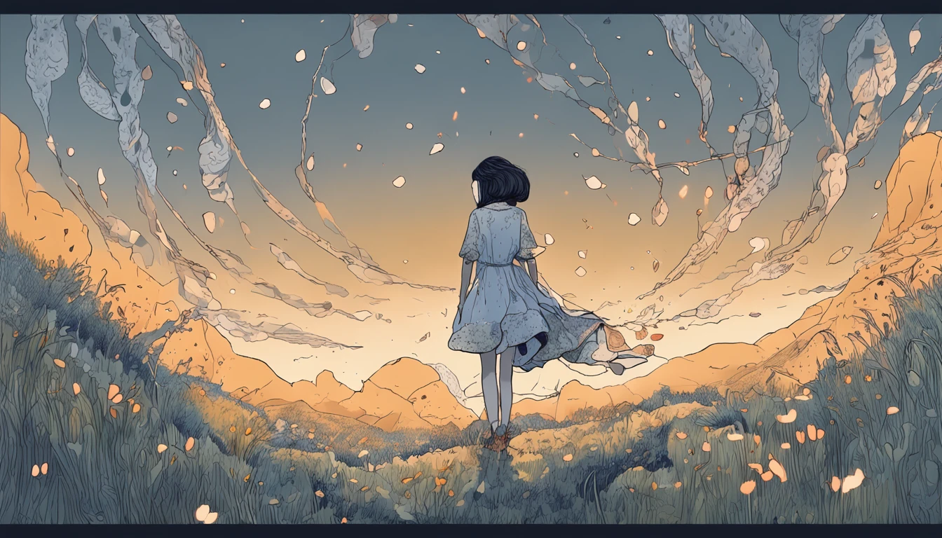 ruanjia, (Full body shot:1.0),Detailed and intricate,illustration,Extremely detailed CG, (illustration),Draw in pointillism style,Thick coating,surrealism,filmgrain,Cinematic,Long distance(Don't look at the camera:1.4)(Look away:1.4)(No watermark:1.4){{looks away}}{{on a grassy field}}, On a hill, 1girll, Long hair, Blue hair, Drill hair, Blunt bangs, Hair ribbon, Light smile, hair ear, tsurime, Red eyes, eye shadows, Small breasts, white dresses, Bare_bshoulders, Black pantyhose, Boots, Looking up, hand_To_Mouth, day, Sun,