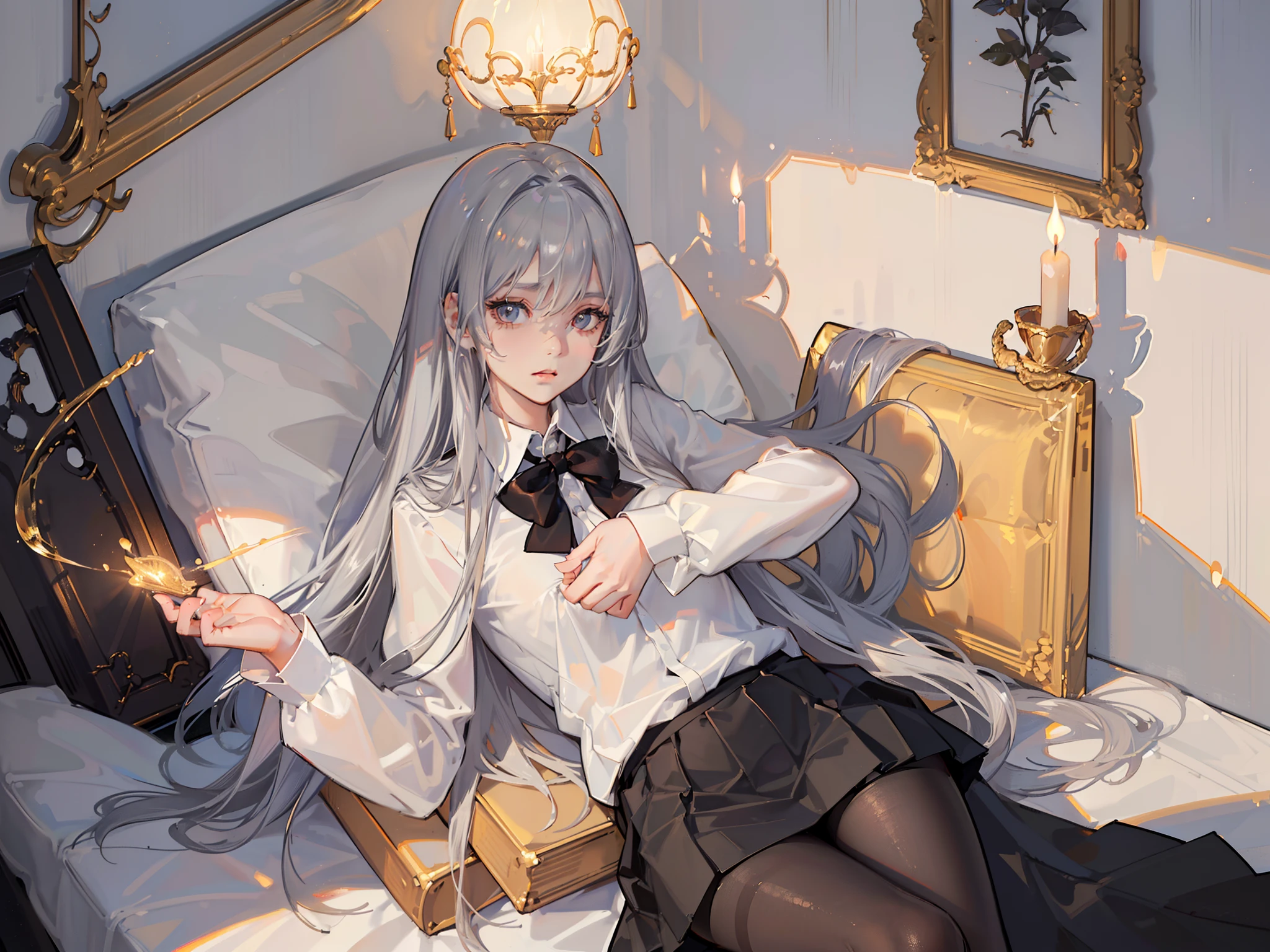 (((girl lying on sofa undressing with her hands，，Hands on the upper and lower legs of the naked body，black uniforms，black reotard，Primetime light and shadow black pantyhose)),Ray tracing,(Dim lighting，luz de velas，waxy candles),[Detailed background (Bedroom)),((Silver hair)),((Dark hair)),(((Fluffy silver hair, plump and slender girl)))golden hair，Golden Eyes Avoid seeing golden eyes in an ominous bedroom ((((Girl in white shirt, Take off your black crinkled skirt，Prime hour light and shadow，