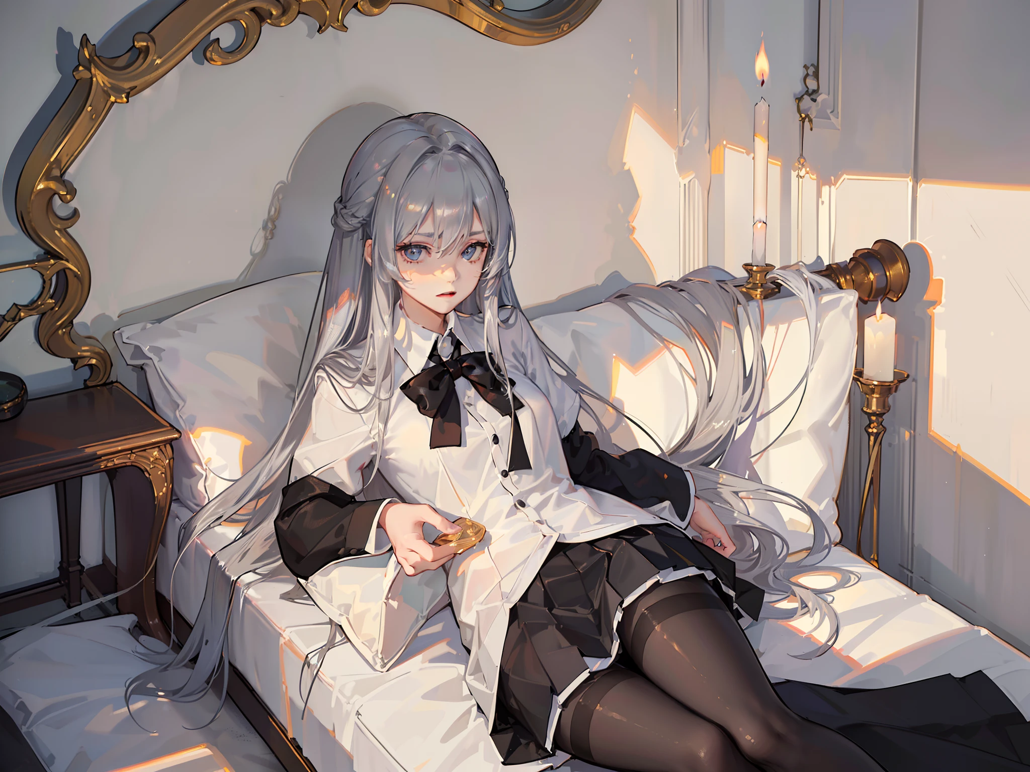Correct limbs,Correct bodies,Lying on the couch,Hands on your head,(((Half naked anime girl lying on sofa undressing with her hands,,Hands on the upper and lower legs of the naked body,black uniforms,black reotard,Primetime light and shadow black pantyhose)),Ray tracing,(Dim lighting,luz de velas,waxy candles),[Detailed background (Bedroom)),((Silver hair)),((Dark hair)),(((Fluffy silver hair, plump and slender girl)))golden hair,Golden Eyes Avoid seeing golden eyes in an ominous bedroom ((((Girl in white shirt, Take off your black crinkled skirt,Prime hour light and shadow,