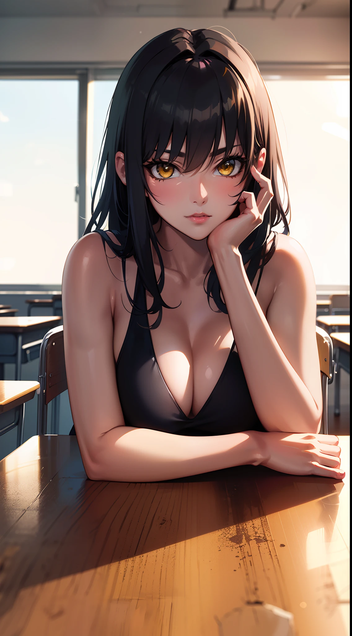 professional artwork, Intricate Details, field of view, sharp focus, detailed painting, photorealistic lighting, trending on pixiv,(masterpiece:1.0),(best_quality:1.0), ultra high res, ultra-detailed, photography, 8K, HDR, highres, absurdres:1.2, Kodak portra 400, film grain, sharp focus, bokeh:1.2, lens flare, (vibrant_color:1.2), (((indoors, classroom, classroom details, sitting on chair, perfect anatomy sitting, leaning to table))), Annerose, 1girl, female mature, black hair, long hair, (yellow eyes), large breasts, wedding dress, higheels, skin tight, hair intakes, cleavage, (solo:1.4), (upper body, half body shot),